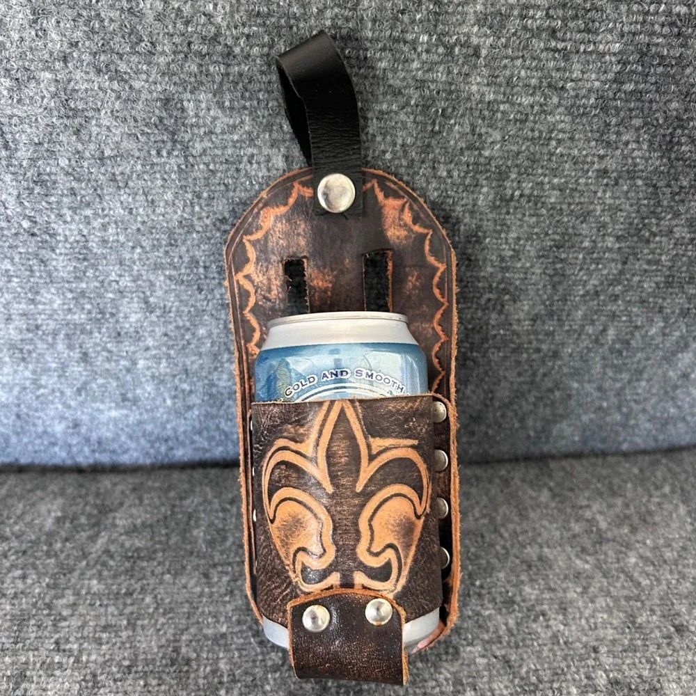 Handmade Leather Beer Holster Fleur De Lis Embossed Belt Beverage Holder Brown